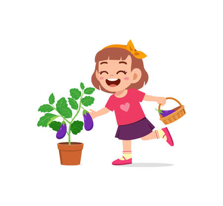 cute little girl harvest eggplant in the gardenのイラスト素材