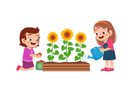 cute little girl stand and watering sun flowerのイラスト素材