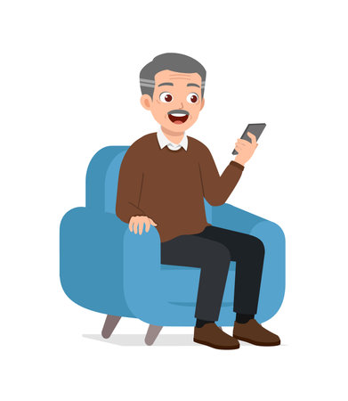 old man sit on sofa and using mobile phoneのイラスト素材