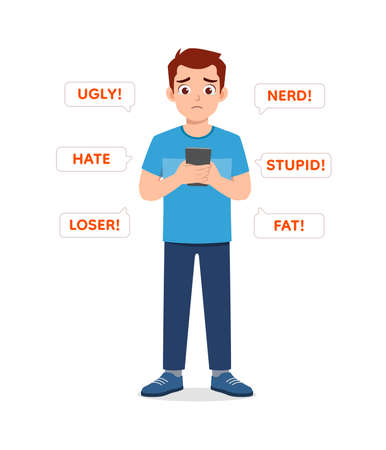 young man get bullied from internet and feel sadのイラスト素材