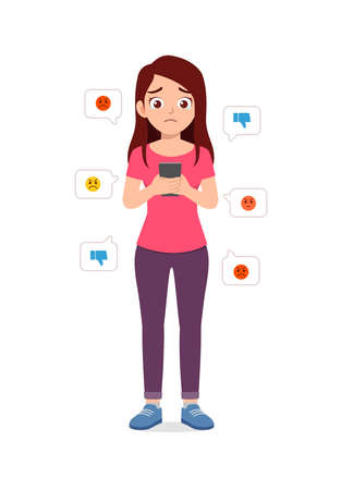 young woman get bullied from internet and feel sadのイラスト素材