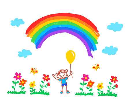 cute hand drawing by kid about park and rainbowのイラスト素材