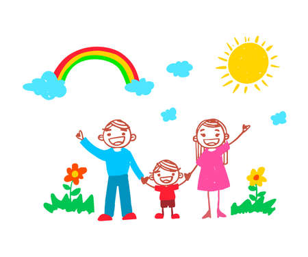 cute hand drawing by kid about happy familyのイラスト素材