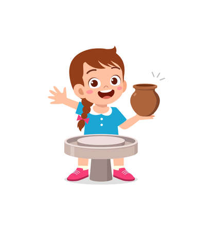 little kid make pottery and feel happyのイラスト素材