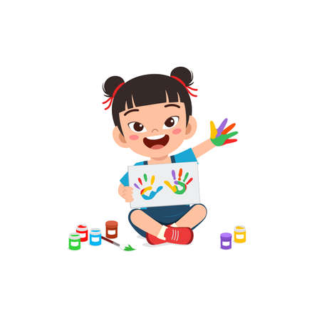 little kid make painting with hand stampのイラスト素材