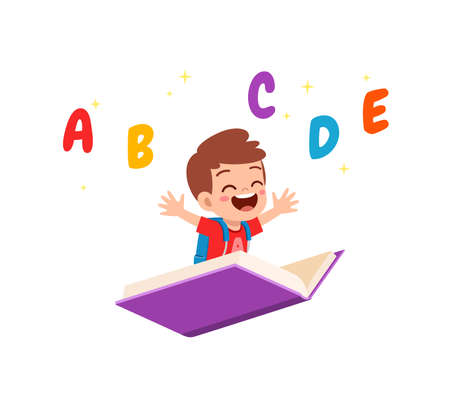 little kid riding a book and flyのイラスト素材