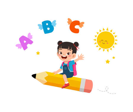 little kid riding a pencil and flyのイラスト素材