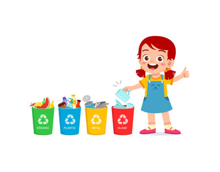 little kid throw glass waste to recycle binのイラスト素材