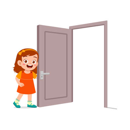 little kid standing and holding door knobのイラスト素材