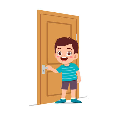 little kid standing and holding door knobのイラスト素材