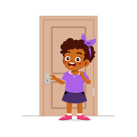 little kid standing and holding door knobのイラスト素材