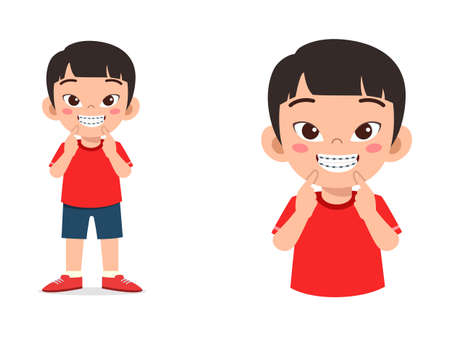 little kid using dental braces and feel happyのイラスト素材