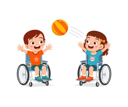 little kid on wheelchair play ball with friendのイラスト素材