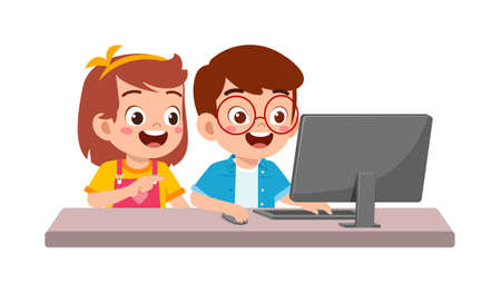 cute little kid use computer to study internetのイラスト素材