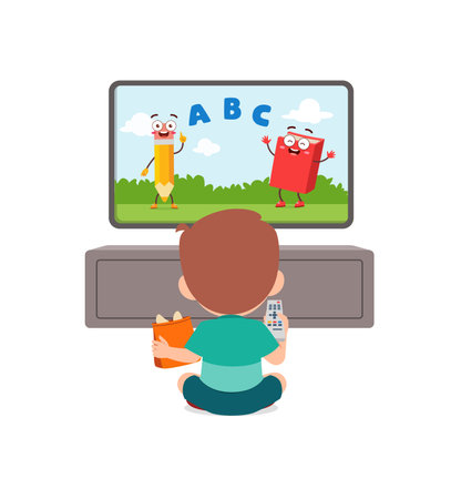 little kid watching television and feel happyのイラスト素材