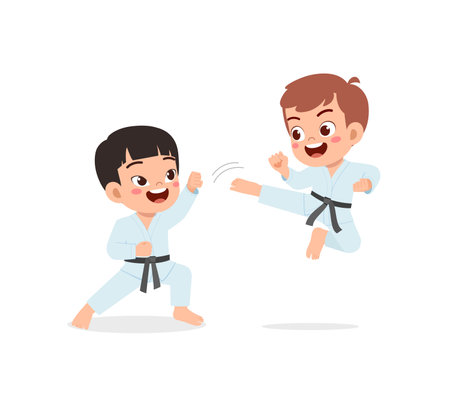 cute little kid training karate with friend togetherのイラスト素材