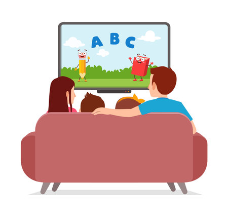 little kid watching television with family and feel happyのイラスト素材