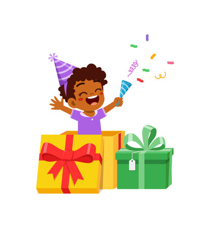 little kid celebrate birthday and playing inside big gift boxのイラスト素材