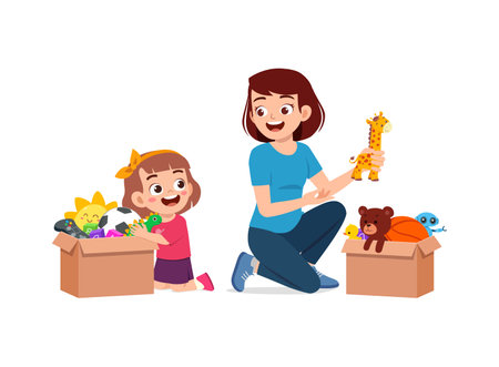 little kid put toys to box for donation with motherのイラスト素材