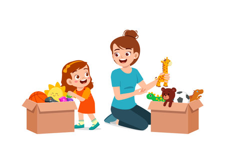 little kid put toys to box for donation with motherのイラスト素材