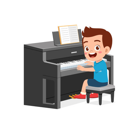 little kid play piano and feeling happyのイラスト素材