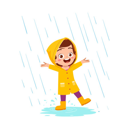 little kid wearing yellow rain coat in the rain and feel happyのイラスト素材