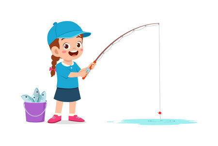 little kid catch fish with fishing rod and feel happyのイラスト素材