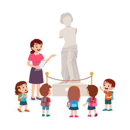 little kid and friends visit museum to watch statueのイラスト素材