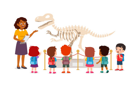 little kid and friends visit museum to watch fossilのイラスト素材