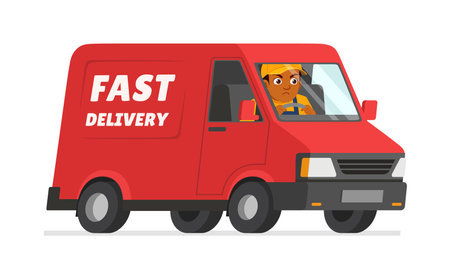 young delivery man drive red truck and speeding upのイラスト素材