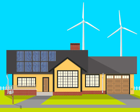 private eco-house at which installed solar panels and wind turbines in order to save on payment services. illustrationのイラスト素材