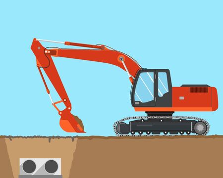 Powerful excavator at a construction site pipeline. Vector illustrationのイラスト素材