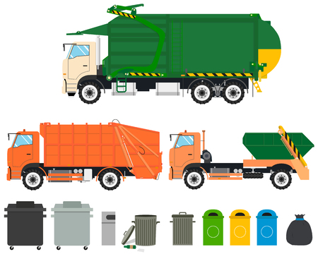 Set of isolated garbage trucks with tanks on a white background. Cleaning Machines. Vector illustrationのイラスト素材