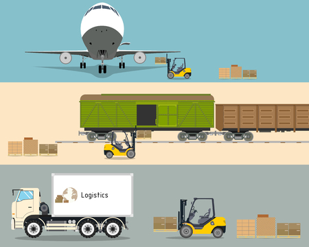 Loading boxes with a forklift into the cargo plane, truck and train. Transportation and Logistics. Vector illustrationのイラスト素材