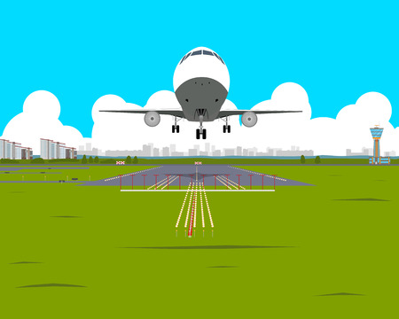 Airplane takes off from the airport in the afternoon on a background of the city. Vector illustrationのイラスト素材