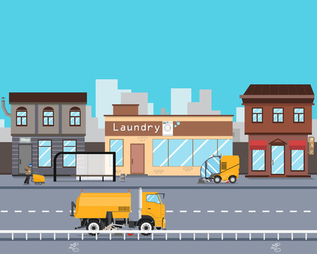 Heavy Equipment cleans the streets of the city from garbage and dust. Cleaning equipment. Road works. Vector illustrationのイラスト素材