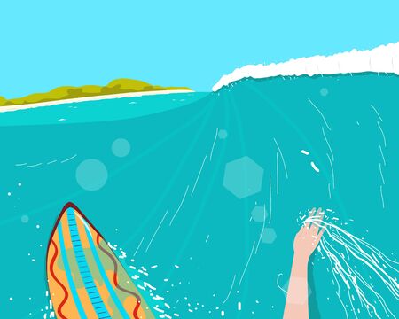 Surfer engaged in extreme sports conquering the waves near the beach.のイラスト素材