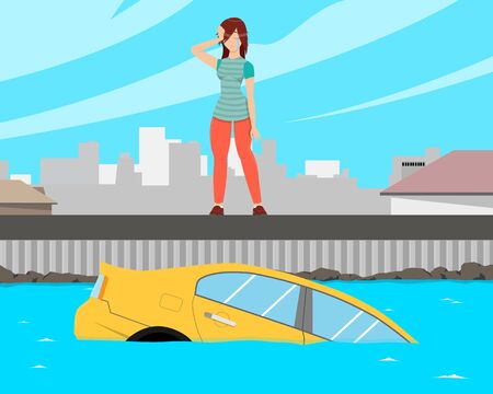 Girl badly parked the car and she fell into the water. Vector illustrationのイラスト素材