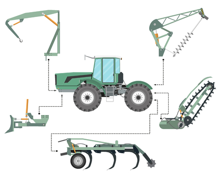 The concept of a tractor mounted equipment for construction and agriculture on a white background. Vector illustrationのイラスト素材