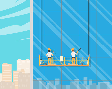 Workers wash on the outer wall of the window house in cradle. Vector illustrationのイラスト素材