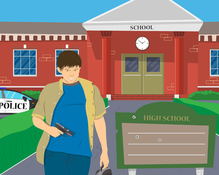 Teenager with a gun on the background of the school. Vector illustrationのイラスト素材