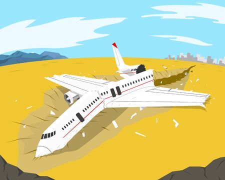 A passenger plane crashed on the ground in field. Vector illustrationのイラスト素材
