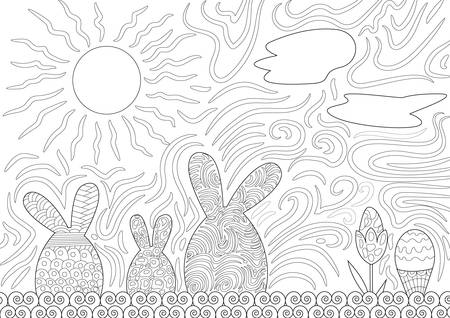 Easter Family Night Scene with Easter Egg Shaped Bunnies in Line Drawingsのイラスト素材