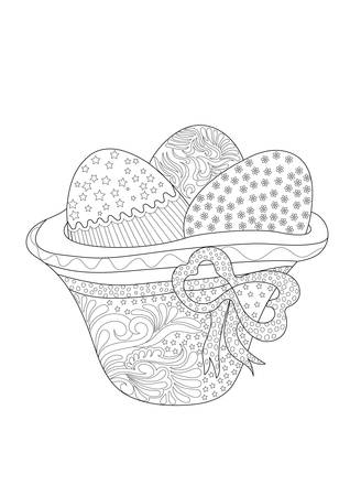 Easter Hat with Eggs and Bow in Coloring Page for Adults and Kidsのイラスト素材