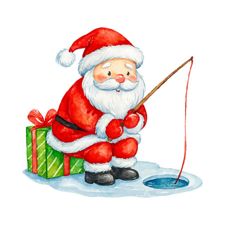 Santa Claus with a fishing rod and a gift. Watercolor illustrationのイラスト素材