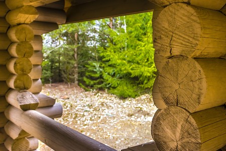 gazebo made of logs on the edge of the forest for recreation and picnicの写真素材