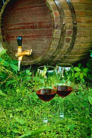 old barrel of wine on the street near wild grapesの写真素材