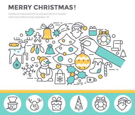 Merry Christmas greeting card, thin line, flat designのイラスト素材