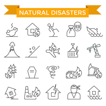 Natural disasters icons, thin line, flat designのイラスト素材