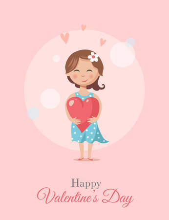 Valentine day card with cute girl holding a red heart, vector illustrationのイラスト素材